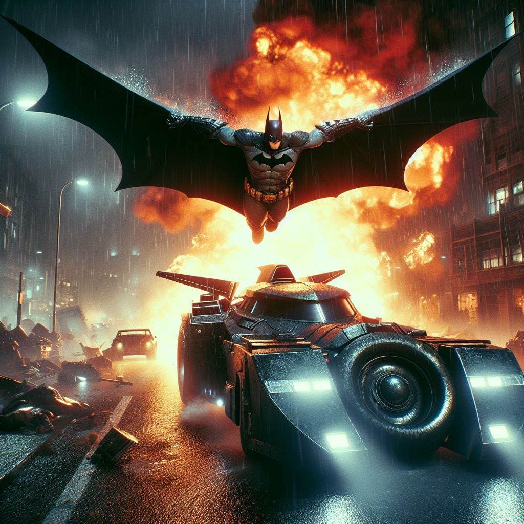AI generated: vhs 35mm shot of Arkham Batman launching out of the Arkham batmobile above it with cape extended, gl...