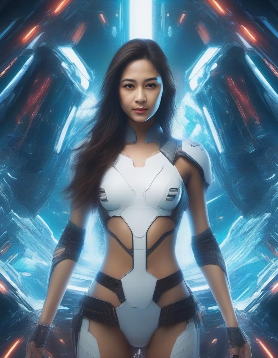 AI generated: cybernized girl with cyberpunk prosthetics in single underpants, long hair, Spaceship inside, futuri...