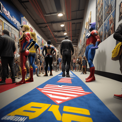AI generated: A 3D model of a crowded comic book convention floor, with cosplayers dressed as iconic Marvel and DC...