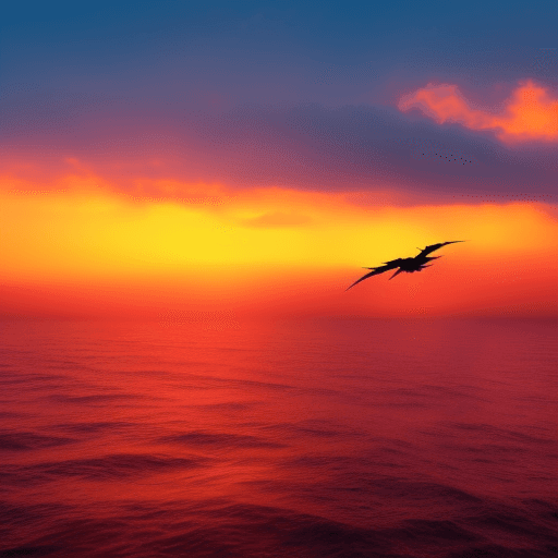 AI generated: Dragon flying over the ocean during sunset