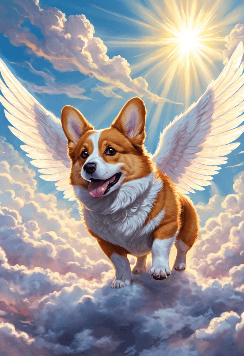 AI generated: comic A majestic corgi with angel wings gliding through the clouds, pearlescent colors reflect off t...
