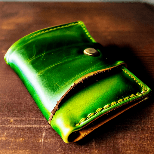 AI generated: an old leather wallet with a green satin interior