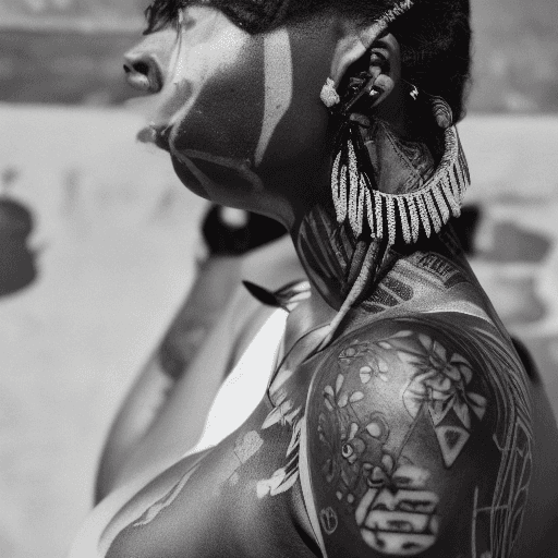 AI generated: hyper realistic photograph, portrait of a tattooed southamerican indigenous black women, future punk...