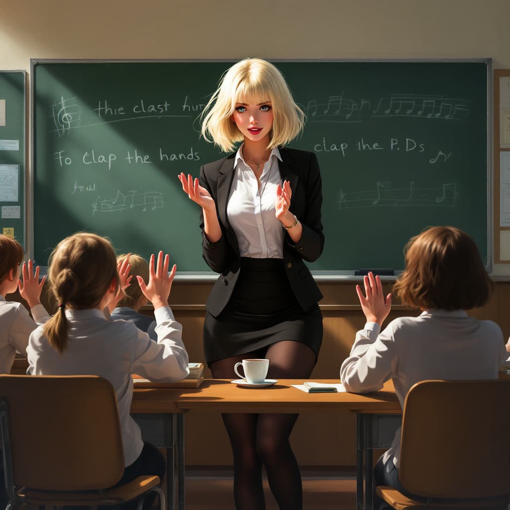 AI generated: female, blond Hair Bob, black miniskirt, black tights,
She is a teacher, she is in the classroom, te...