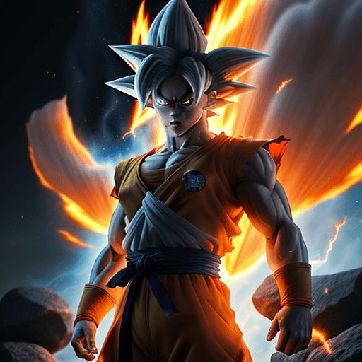 AI generated: Goku Ultra Instinct, dragonballz, white fire, wearing typical dragonball clothes. Very angry. The ba...