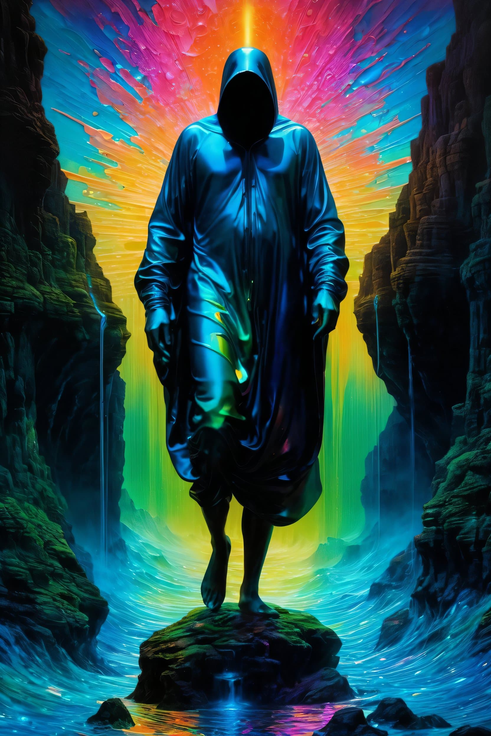 AI generated: 1man, a psychedelic bioluminescent, vibrant color palette dominated by orange, pink, green and blue ...