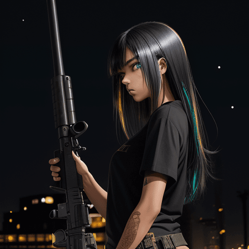 AI generated: side view emo beautiful tan skin girl. 18. gold eye iris. black shirt. blue highlights on black hair...