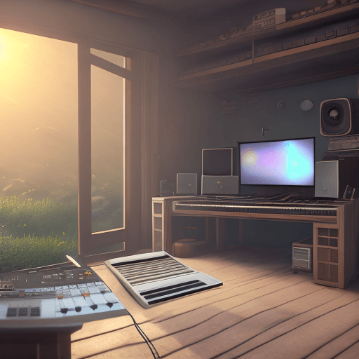 AI generated: Photo of a ultra realistic simple music home studio, dramatic light, pale sunrise, cinematic lightin...