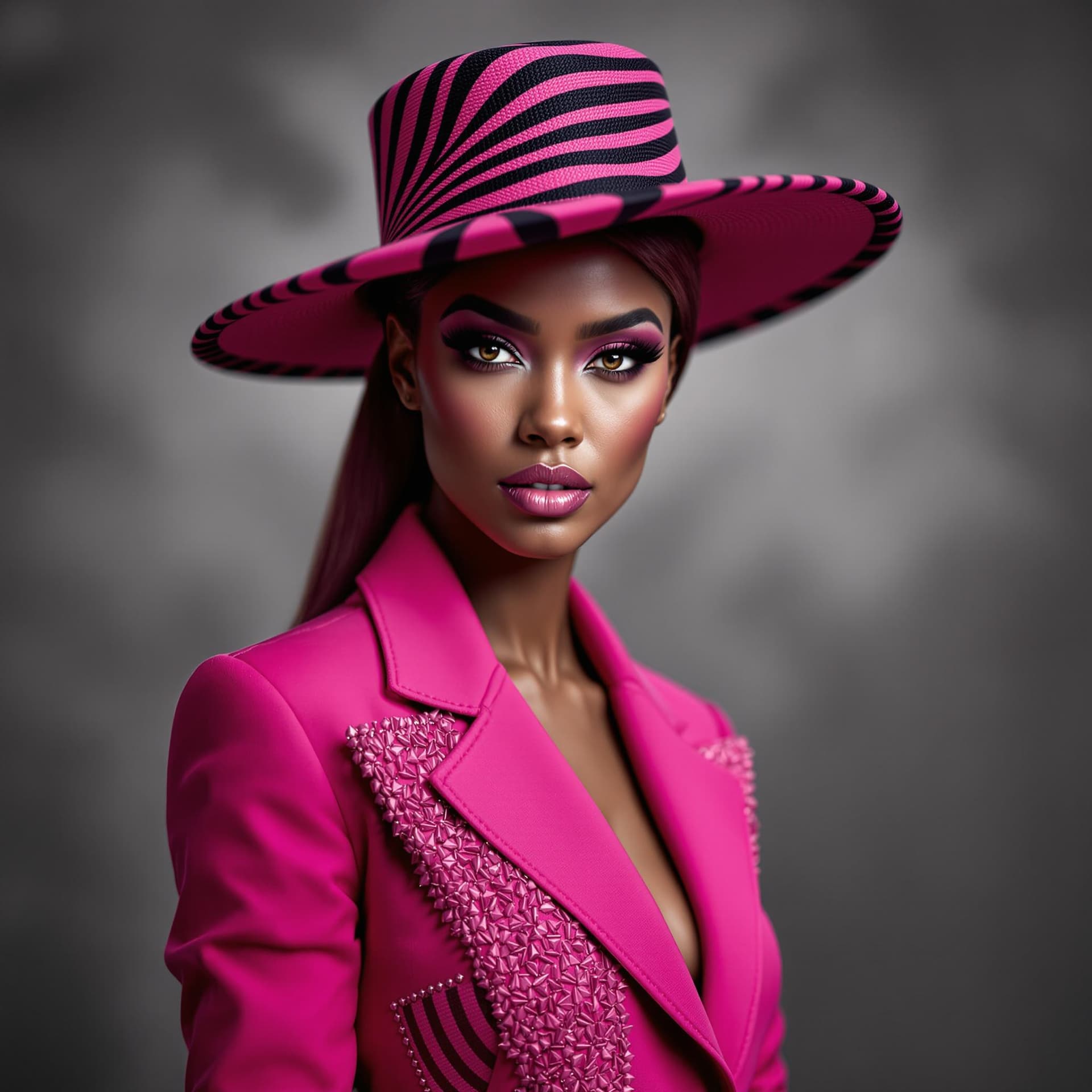 AI generated: A modern, editorial-style portrait of a captivating woman dressed in vivid fuchsia pink. She’s adorn...