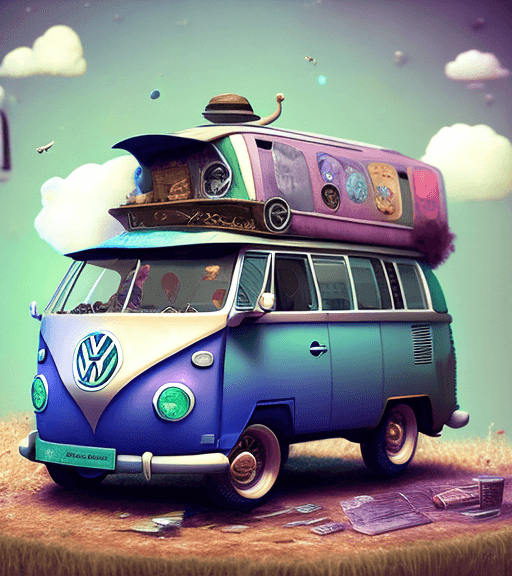AI generated: a modern vw t5 van has been converted into a research mobile, fantasy, mystery machine vibes, charac...