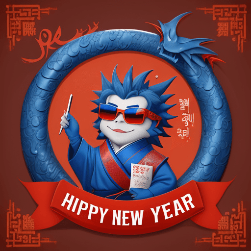AI generated: a blue dragon with sunglasses and korean cloth, light orange and red and write down text: "2024 Happ...
