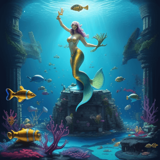AI generated: epic wonderful colourful underwaterworld,mystique,ancient ruins,mermaids,air bubbles,dynamic lights,...