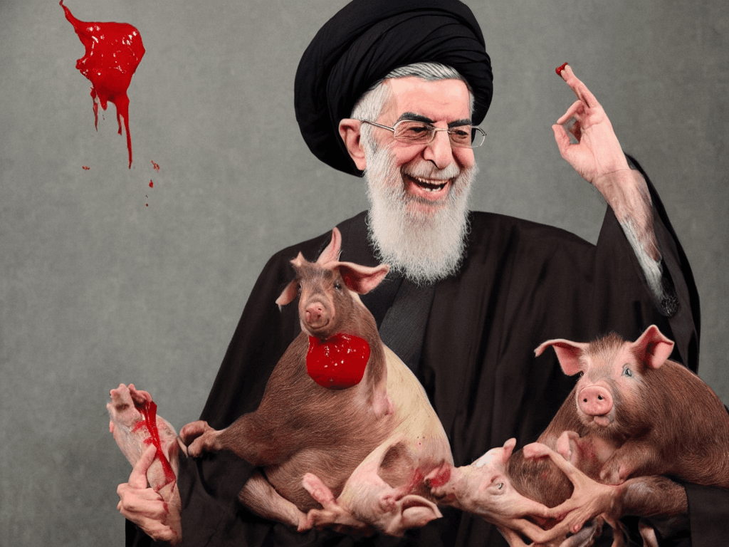 AI generated: portrait of ali khamenei holding a pig and laughing with blood all over the house 