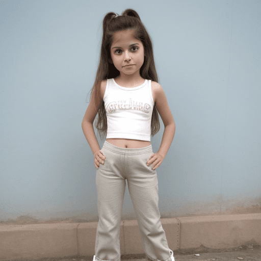 AI generated: niña de 7 años. con melena lisa. pantalones acampanados y converse blancas
