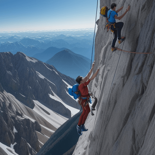 AI generated: a spanish man climbing the mountain with normal shoes while other experienced mountaineers are laugh...