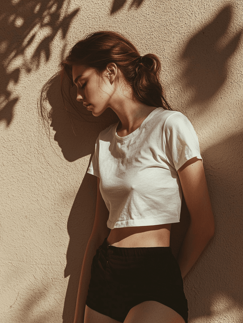 AI generated: An female model in a white t-shirt and black shorts, leaning against a wall with her head down, look...