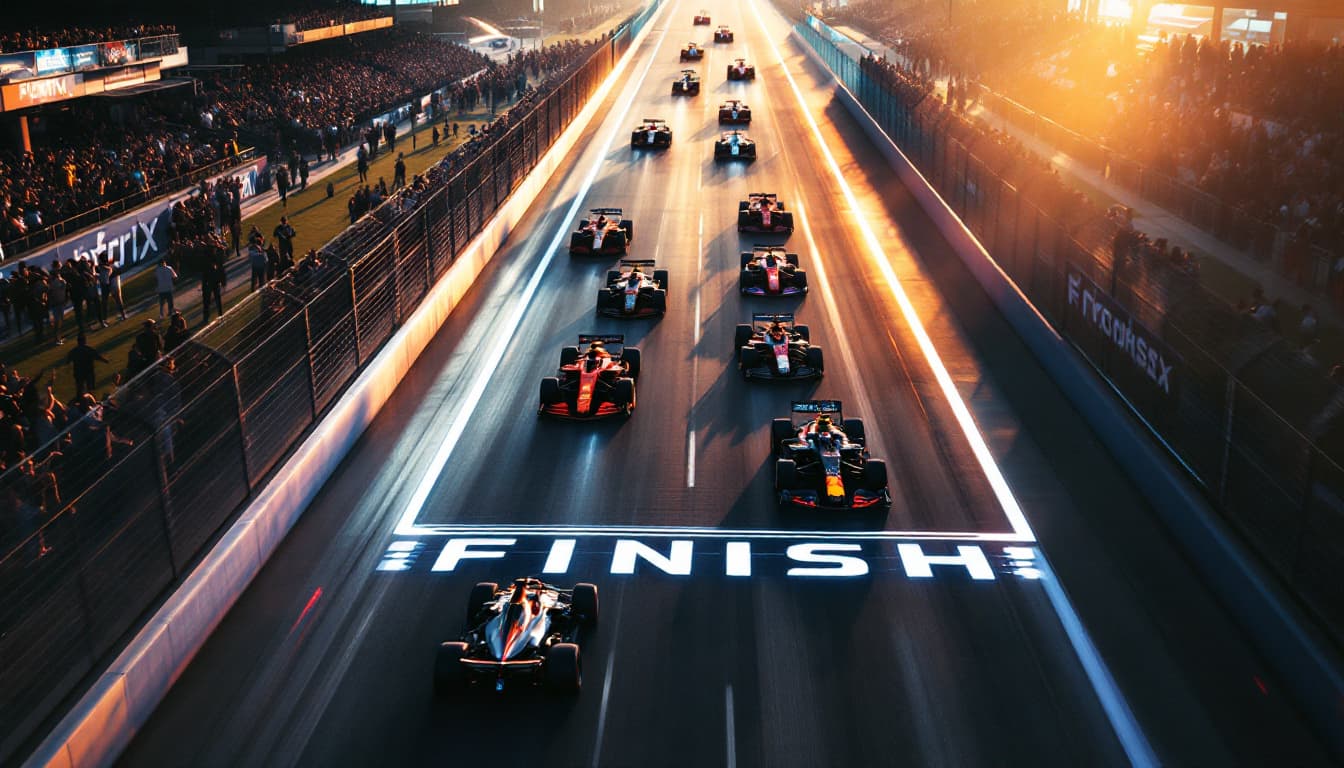 AI generated: The race track is well lit by sunlight.         Tension is increasing. FINISH Transpost over a wide ...
