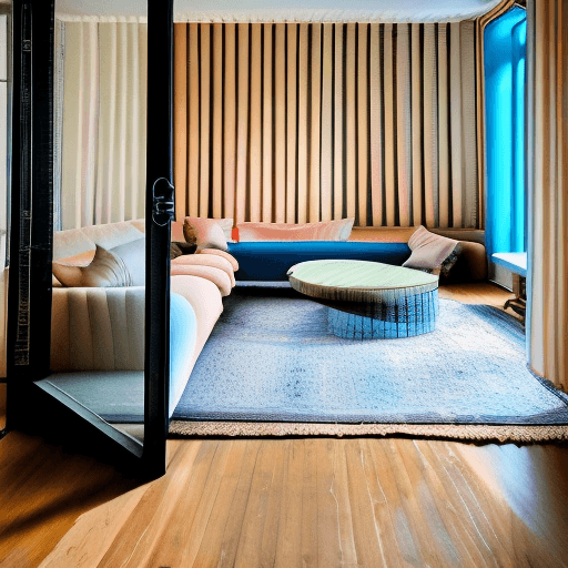 AI generated: High resolution photography interior design, dreamy sunken living room conversation pit, wooden floo...