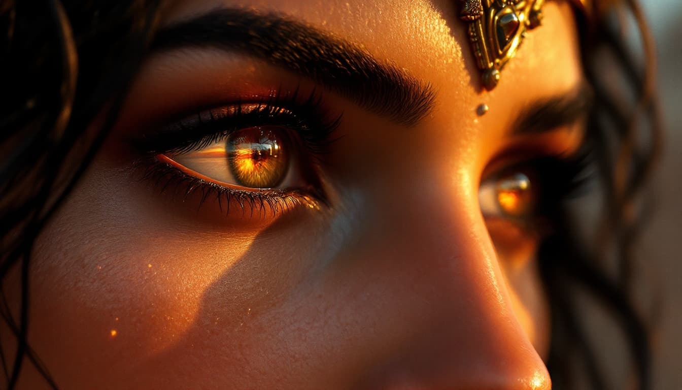 AI generated: hyper realistic .Close-up of Parushat’s eyes, the reflection of the sunset glowing in her pupils. [P...