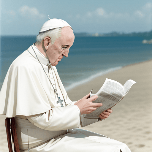 AI generated: medium-full shot of pope francis reading newspape, on the beach, natural afternoon light, shot on Ag...