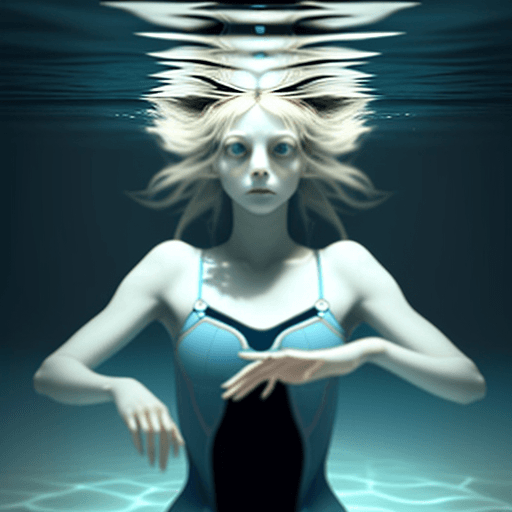 AI generated: alice floating horizontally under water.
realistic, not creepy
looking towards the top
 arm pointing...
