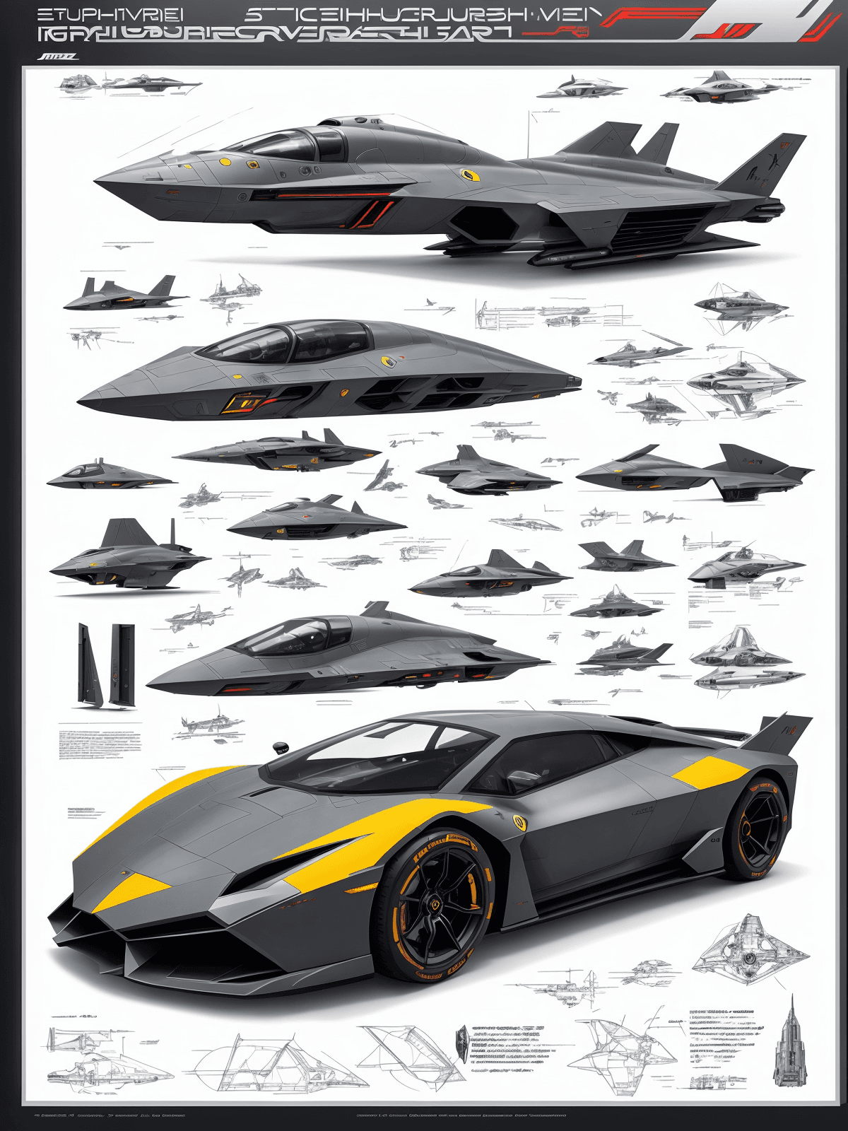 AI generated: a concept spaceship made out of Lamborghini parts, Ferrari parts, F1 racing parts :: x-wing, concept...