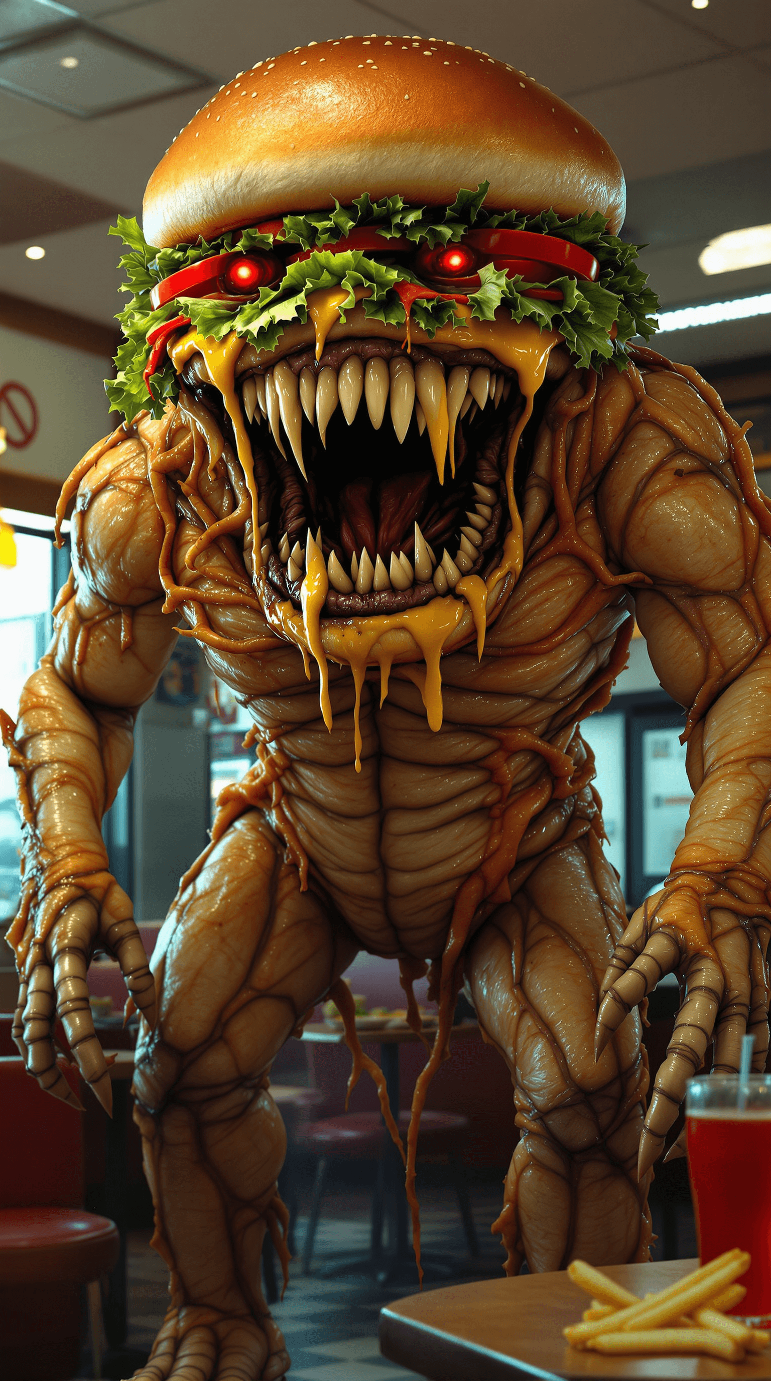 AI generated: Create a gigantic and terrifying hybrid creature, combining a hamburger with a monstrous appearance....