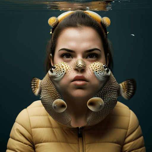 AI generated: woman wearing a puffer fish on her face, surreal comic scenes, jarring juxtapositions, photo-realist...