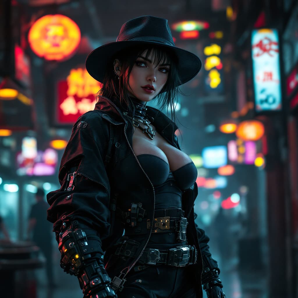 AI generated: photo of a female muscular japanese soldier with cyberlimbs, cyber arms, black mantle jacket, shirt,...