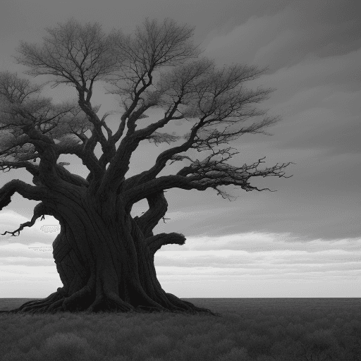 AI generated: An ancient tree in a desolate and sad landscape. The scene is completely in black and white, increas...