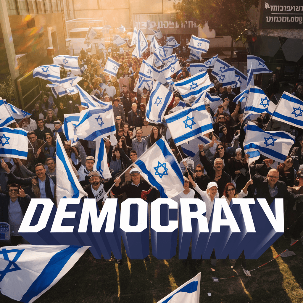 AI generated: A colorful overhead shot reveals a sea of supporters energetically waving Israeli flags, bathed in w...