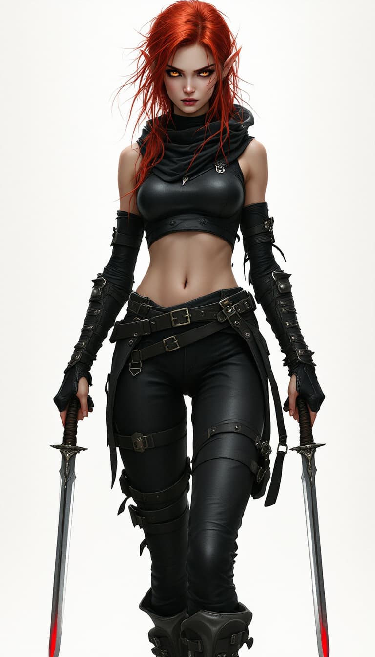 AI generated: A young female elf stands with a guarded confidence, her lithe form and wild, crimson red hair creat...