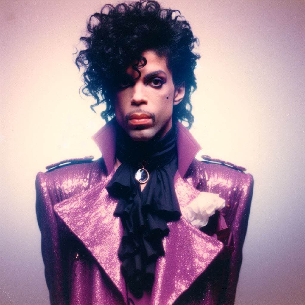 AI generated: vhs portrait shot of prince on stage 1982, 1999 album, deniem pants, purple sparkly trenchcoat, blac...
