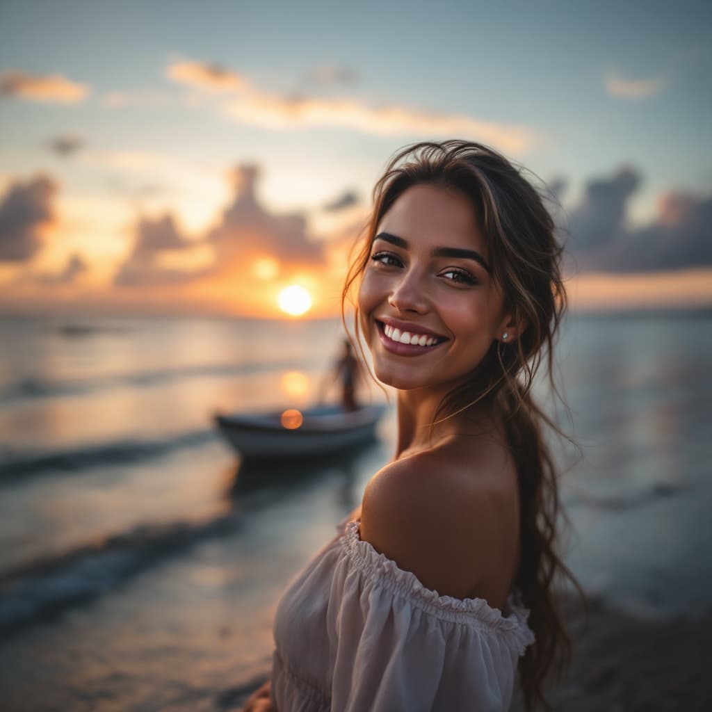 AI generated: beautiful 20 years-old realistic latina women, smile, on the beach, boat behind in the see  at sunse...