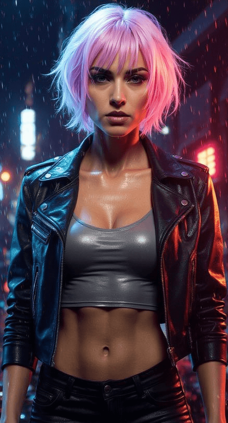 AI generated: Mid-twenties fit woman with choppy short hair wearing cyberpunk crop jacket rain-soaked alley illumi...