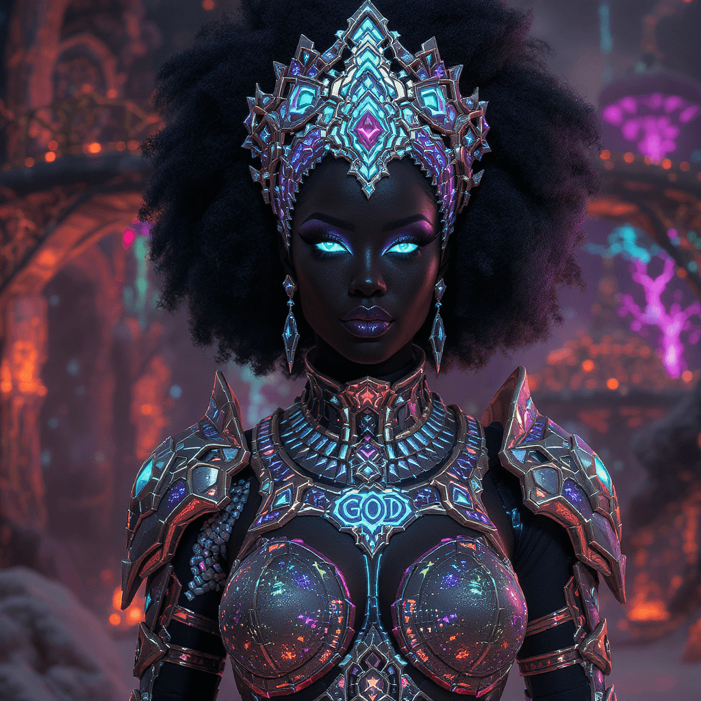 AI generated: “holographic vibranium armor, GOD energy core”: “Elite Afrofuturist warrior queen in holographic vib...