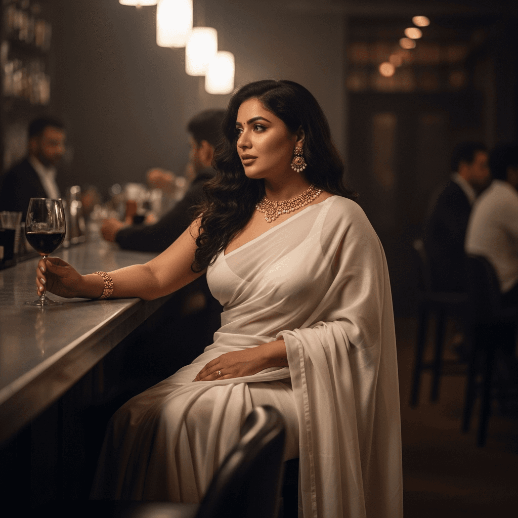 AI generated: curvy indian wearing transparent saree, sitting at bar