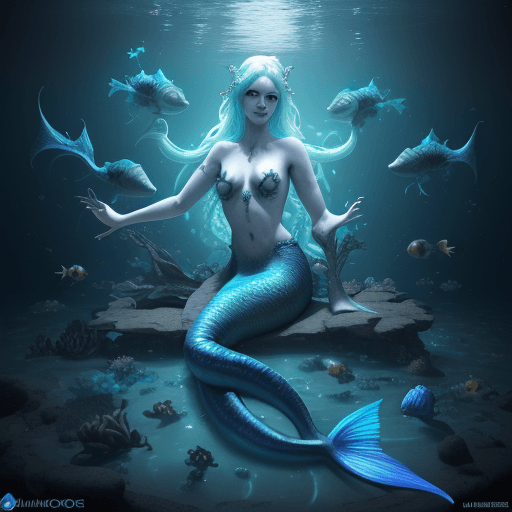 AI generated: Hope masterpiece of a damned mermaid surrounded by lots of tiny glowing fighting fish, Damned Shelma...