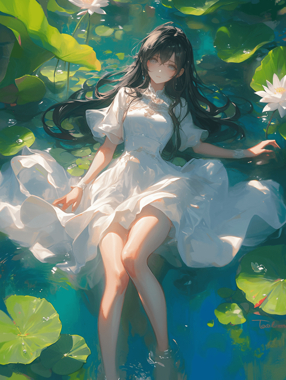 AI generated: anime girl with long black hair, wearing white dress, light eyes, beautiful legs, with lotus flowers...