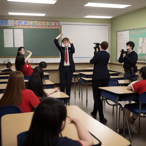 AI generated: Several students shoot the teacher in the classroom