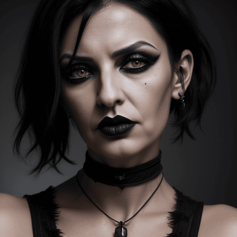 AI generated: hyper realistic headshot photo of a 40 year old italian, gothic woman, elegant, short black hair, sl...