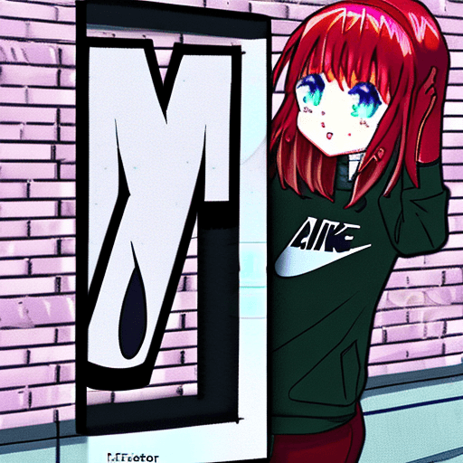 AI generated: Anime style, cute girl, red hair, wearing nike jacket, perfect face, holding a board with font Thank...