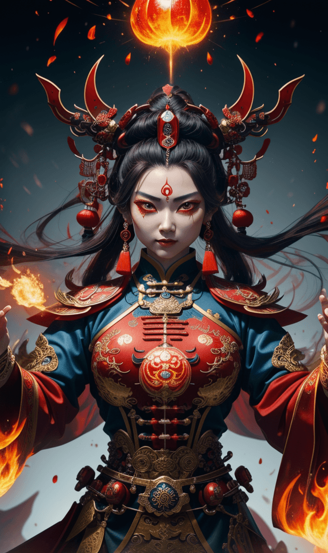 AI generated: a chinese character in a fiery costume with red eyes, in the style of realistic hyper-detailed portr...