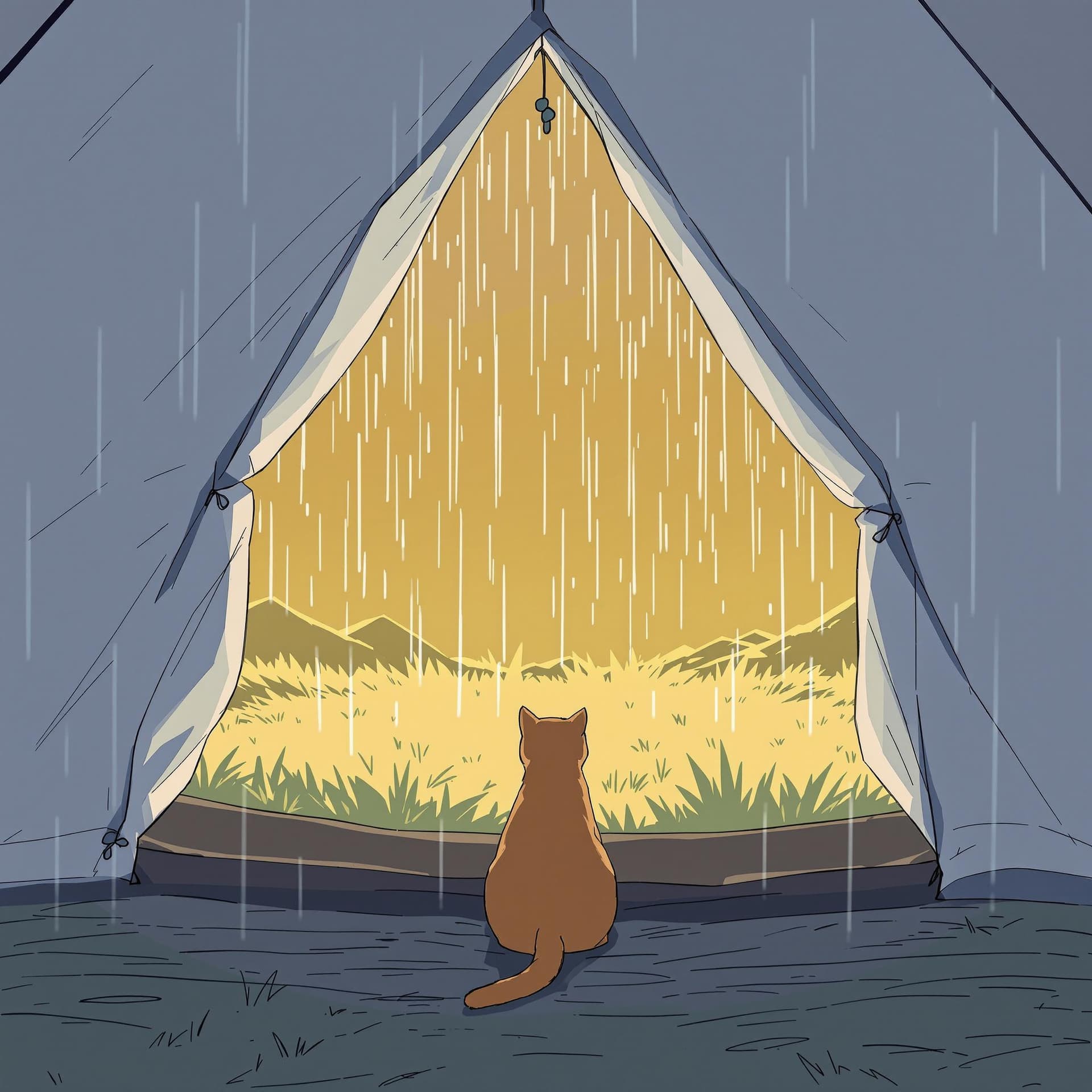 AI generated: Inside the big mountain tent,The entrance to the tent is open and it's raining outside.Only a cat is...
