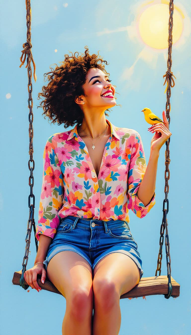 AI generated: A cinematic abstract painting of a joyful woman with short, curly hair. She is wearing a bright, flo...