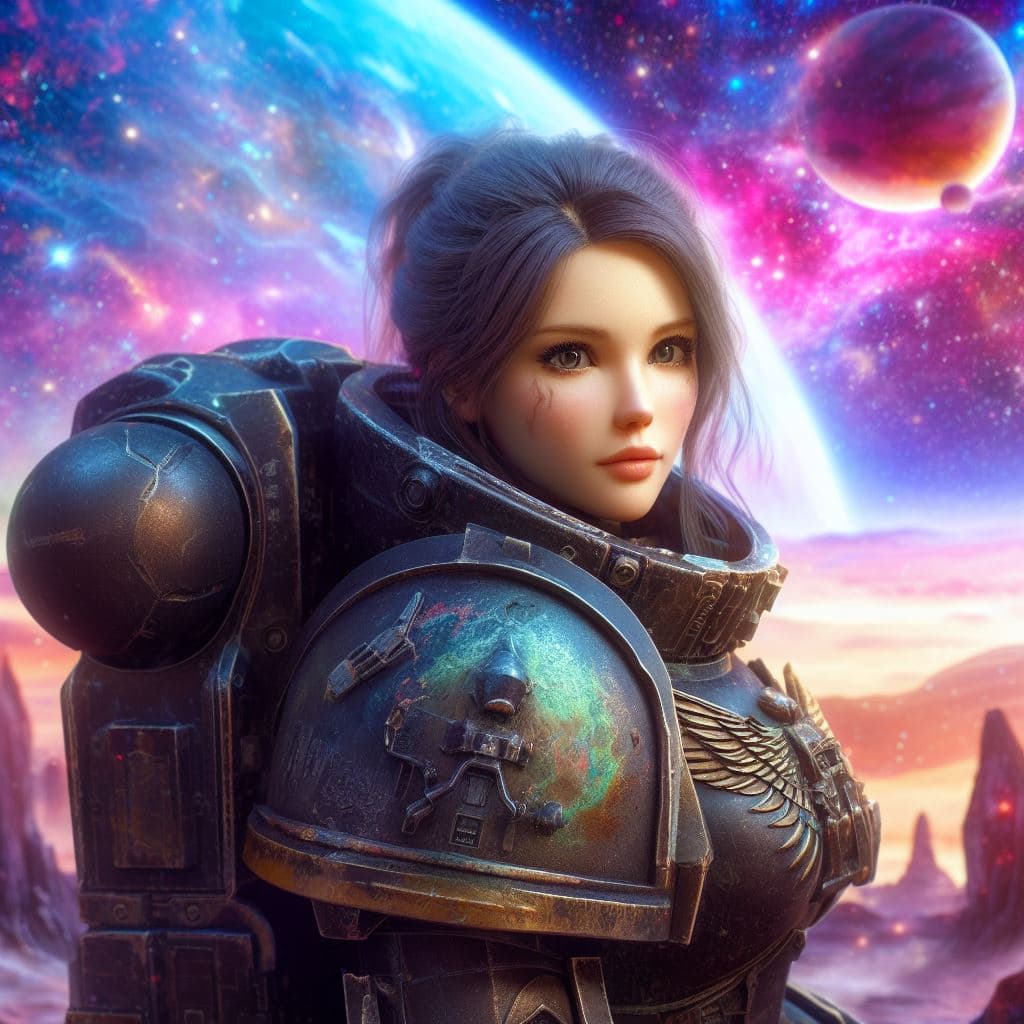 AI generated: Female spacemarine from the Warhammer 40000 universe,very detailed,sweet face,on an alien planet. Th...