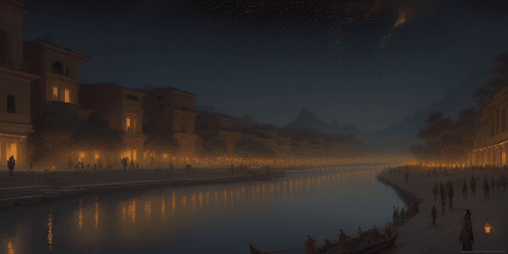 AI generated: a beautiful painting of the view from the river of the lantern festival in a an ancient egyptian cit...