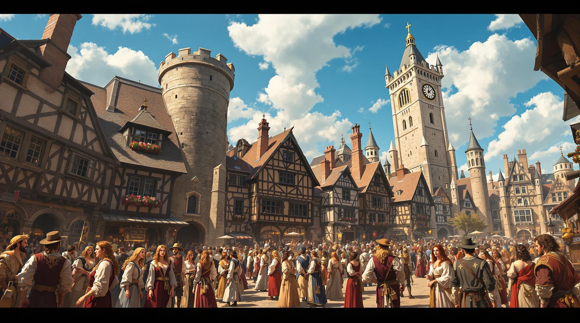AI generated: a medieval-style digital painting of a bustling marketplace, captured in a wide-angle perspective th...