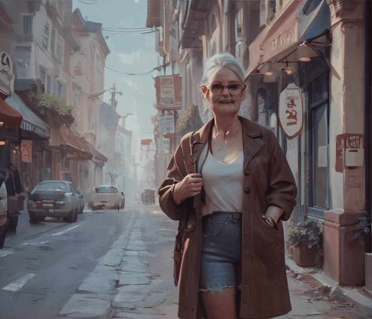 AI generated: semi-realistic, old lady, far view, street background
