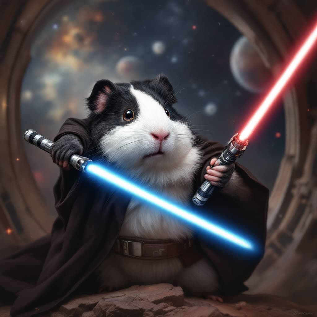 AI generated: In a dazzling display of artistic mastery, a flawlessly rendered realistic guinea pig, wearing the i...